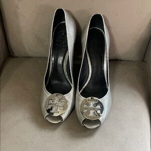 Tory Burch Silver Peep-Toe Heels